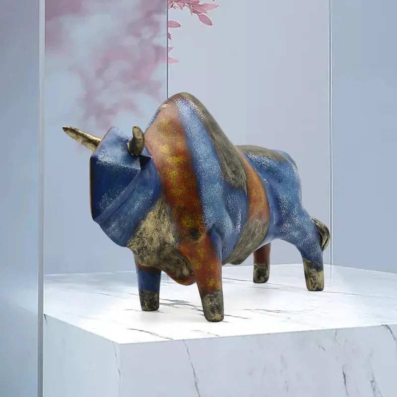 Resin Crafts Cattle Bull Animal Sculptures Abstract Geometric Ornaments Painted Statues Decorative Figurines Home Decoration