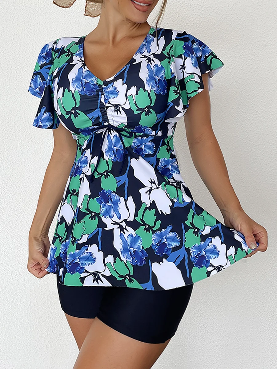 

Two Piece Swimsuit Women 2026 Printed Tankini Set Tie Front Drawstring Swimwear Female Bathing Swimming Suit Beachwear Summer