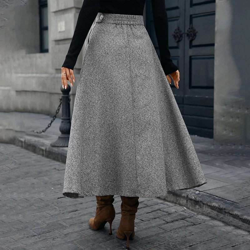 OMSJ 3 ألوان 2025 الخريف الشتاء خمر ألف اصطف سوينغ الصوفية تنورة المرأة مرونة عالية الخصر ميدي التنانير الطويلة ملابس الشارع الشهير غير رسمية