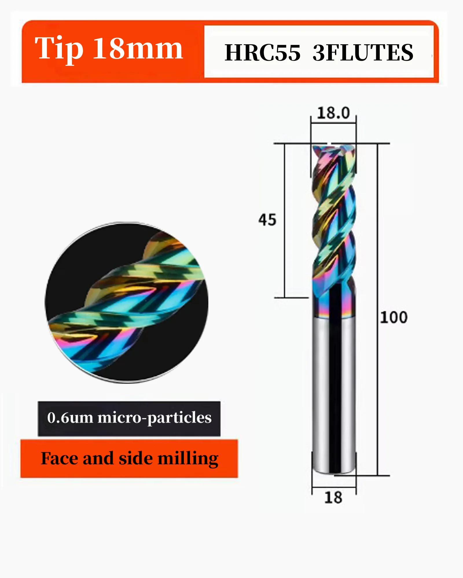 3pcs HRC55 18.0mm Tungsten steel Square Nose 3 Flutes Carbide End Mills with Nanco Colorful Coating CNC Bits for Plastic