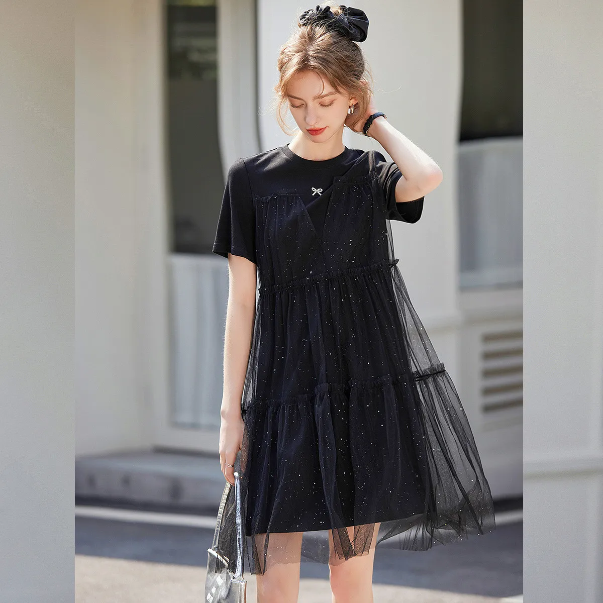 LOUIS YAO New Sparkling Mesh Splicing Women's Dress 2025 Summer Fashion Fake Two Piece T-shirt Skirt Short Sleeved Long Dress 