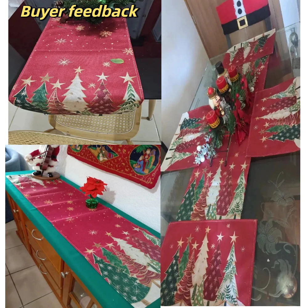 مفرش طاولة عيد الميلاد مستطيل لتزيين الطاولة الاحتفالية، تصميم أشجار عيد الميلاد الحمراء ورقاقات الثلج لمفرش طاولة العطلات