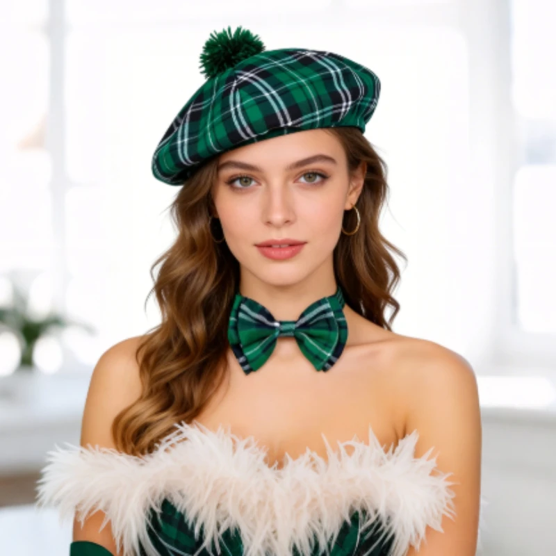 Festive St. Patrick’s Day Costume Accessories: Green Plaid Beret & Bow Tie – Traditional Irish Celebration Outfit Set