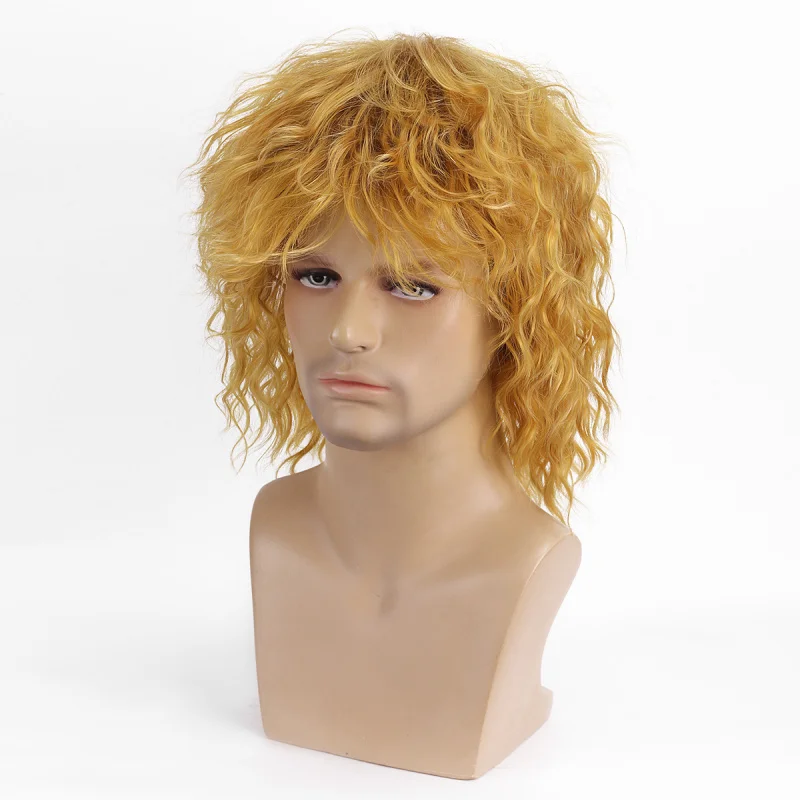 Short blonde curly mullet style, golden-brown with dark roots, 70s 80s rock wig