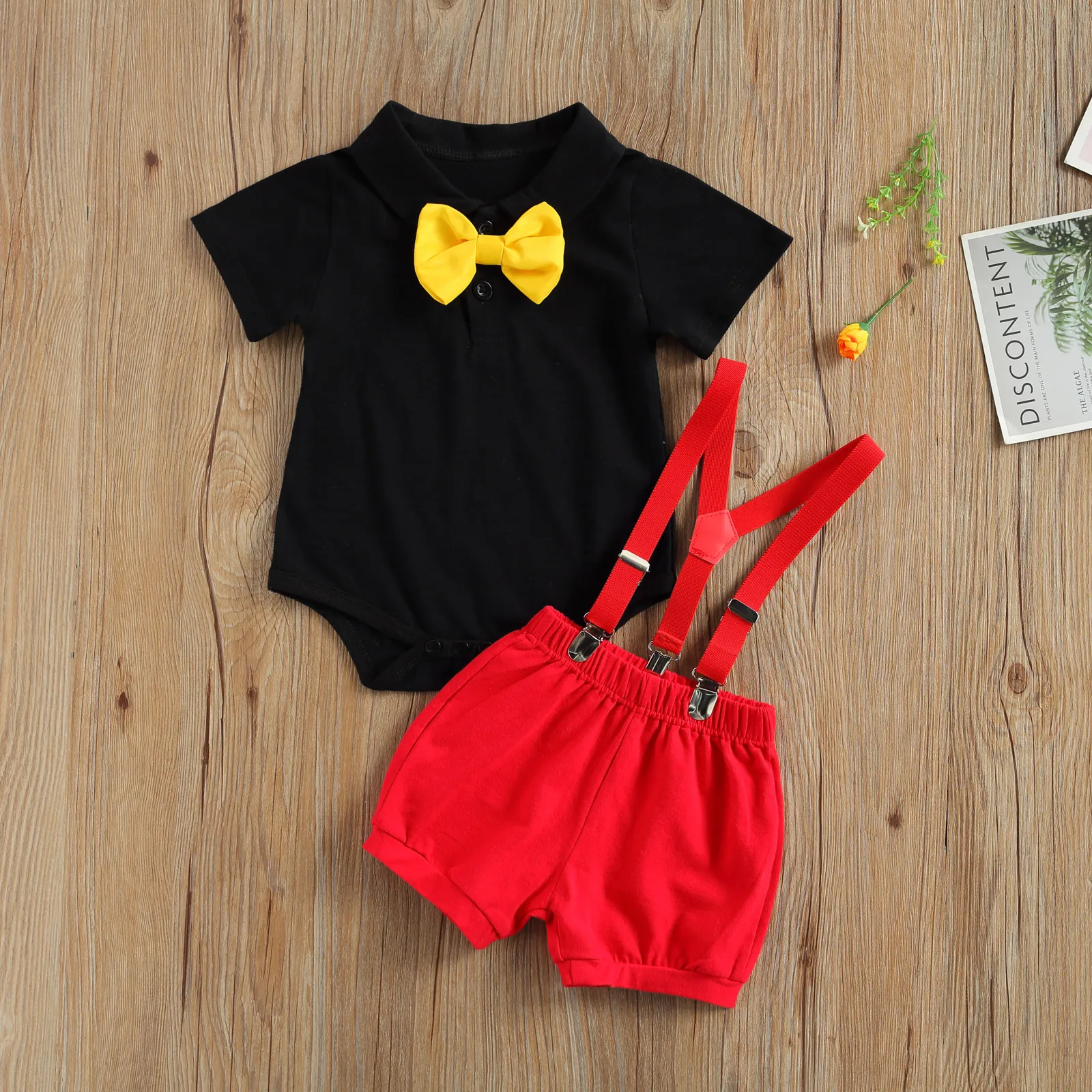 Summer Baby Boys Clothes Gentleman Set Short Sleeve Bow Tie Decorations Solid Color Romper with Suspenders Short Pants 2Pcs