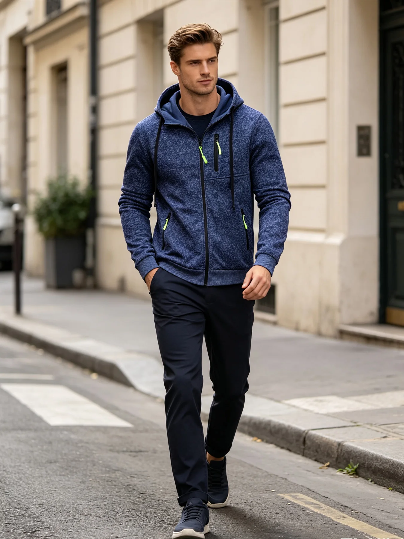 Soft Thermal Fleece Inner Mens Marled Knit Zip Up Hooded Sweatshirt Multiple Zippered Storage Pockets Elastic Rib Trim Relaxed
