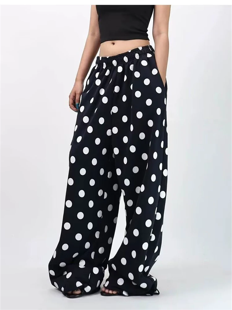 Women's Retro Polka Dots Blue Thin Pants Y2k Women High Waisted Loose Bottoms Casual Sweatpants 90s Female Wide Leg Trousers