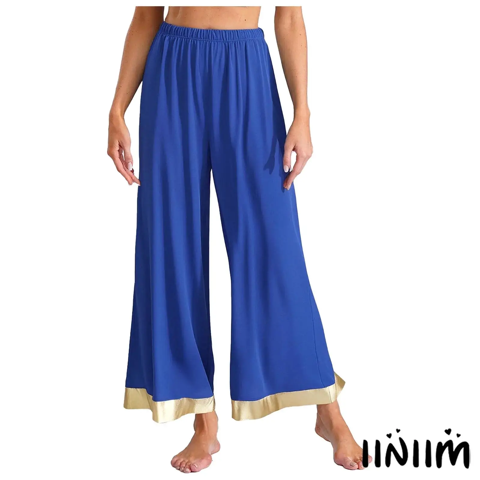 

‌Womens Worship Dance Pants Wide Leg Trousers Elastic Waist Metallic Shiny Trim for Lyrical Praise Dance Stage Performance