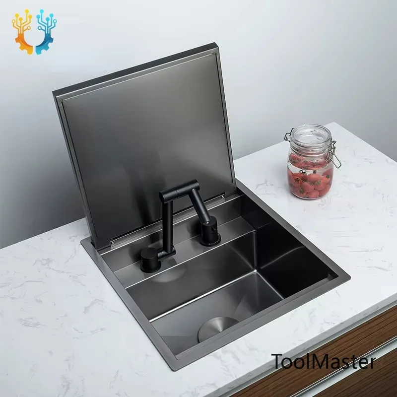 

【2026】Topmount Kitchen Sink With Nano Black Drop-In Cover And Slow-Close Technology In 304 Stainless Steel For Bar Island