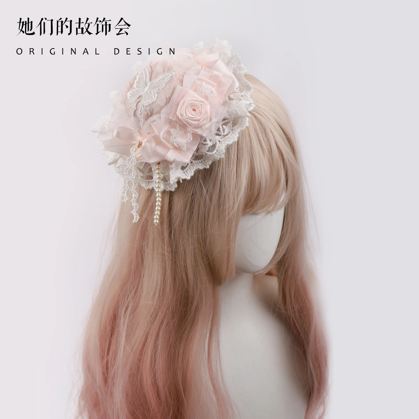 

Handmade Small Sweet Lolita Accessories Soft Color Rose Bow Lace Headband Hair Accessories Hair Pins and Clips