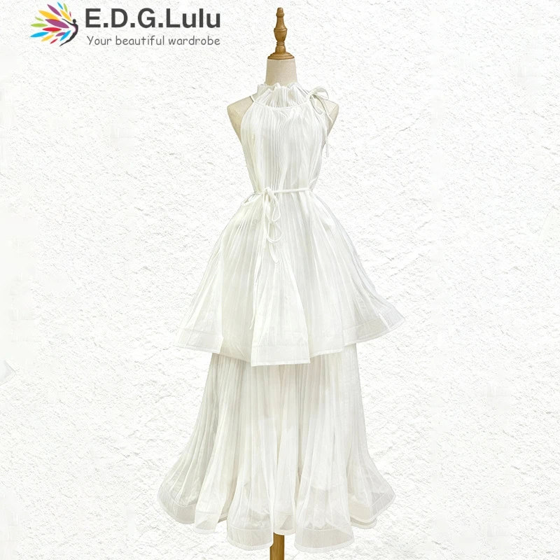 EDGLuLu فساتين سهرة مثيرة بدون أكمام متجعدة بحافة أوراق اللوتس امرأة أنيقة وردي أبيض فستان زفاف طويل 1018 #6