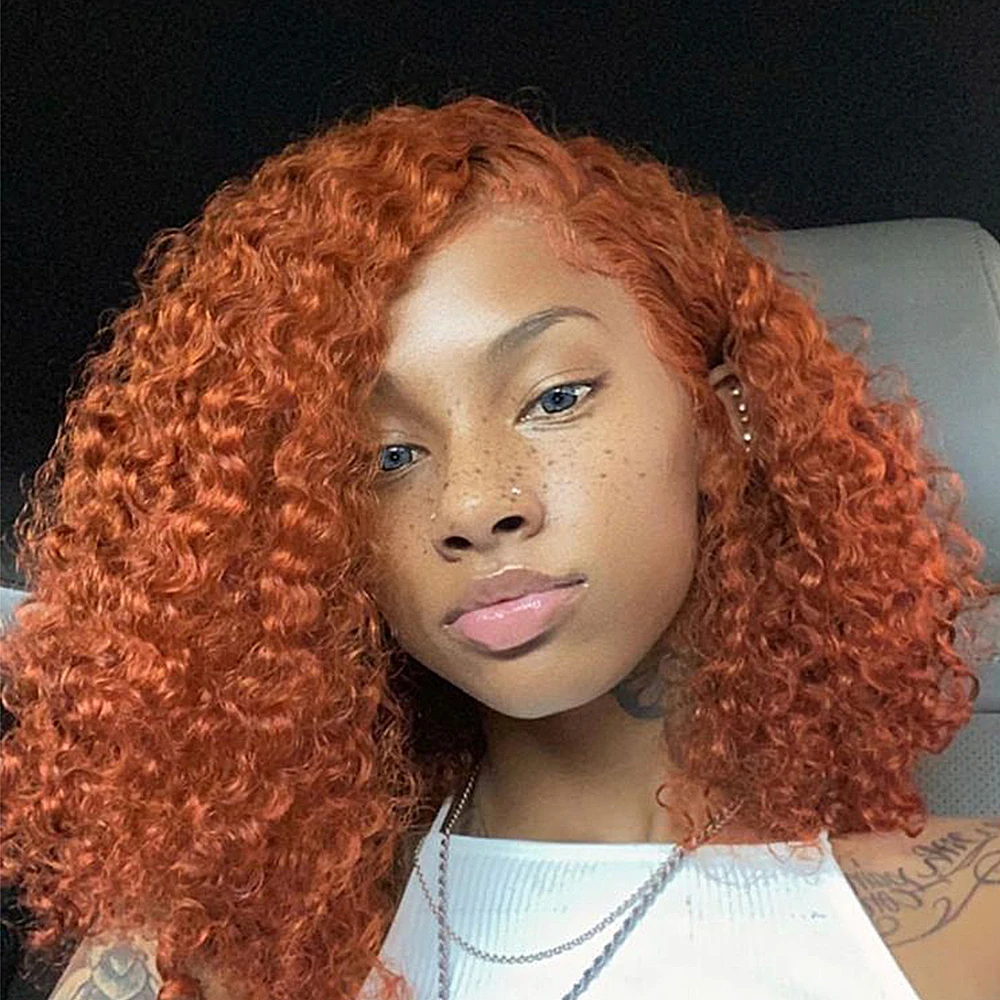 Curly Bob Wig Human Hair Brazilian Deep Wave 13x4 HD Lace Front Wigs Human Hair For Black Women Pre Plucked Orange Ginger Color #350 Transparent Lace Frontal Human Hair Wig 180%