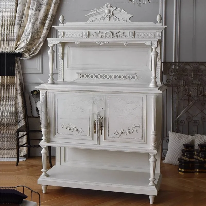 

Французский белый винтажный буфет, небольшая квартира, резная полка из массива дерева, шкаф для посуды в столовой, настенный шкаф для хранения вещей.