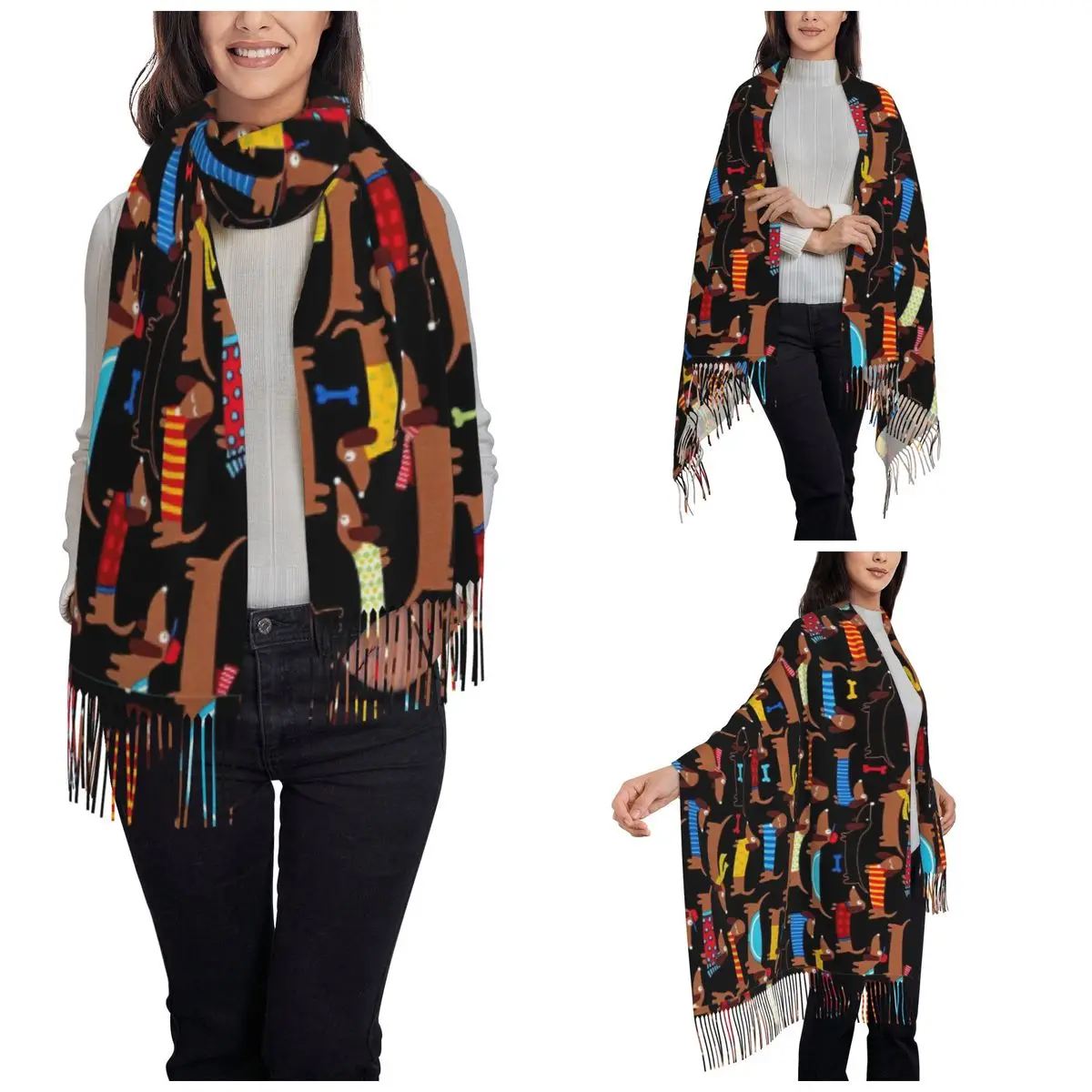 Retro Wiener Dog Dachshund Shawl Wrap Women Winter Large Long Scarf Animal Cartoon Reversible Tassel Scarves