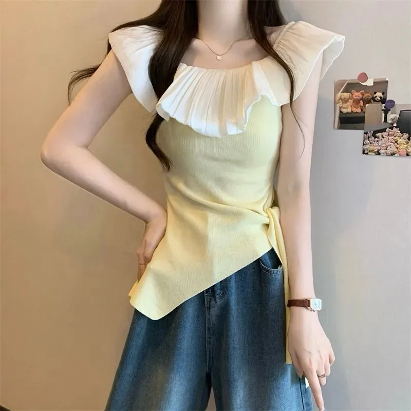 Women's Purple And White Off Shoulder Top Ruffle Trim Asymmetric Hem Sleeveless Blouse