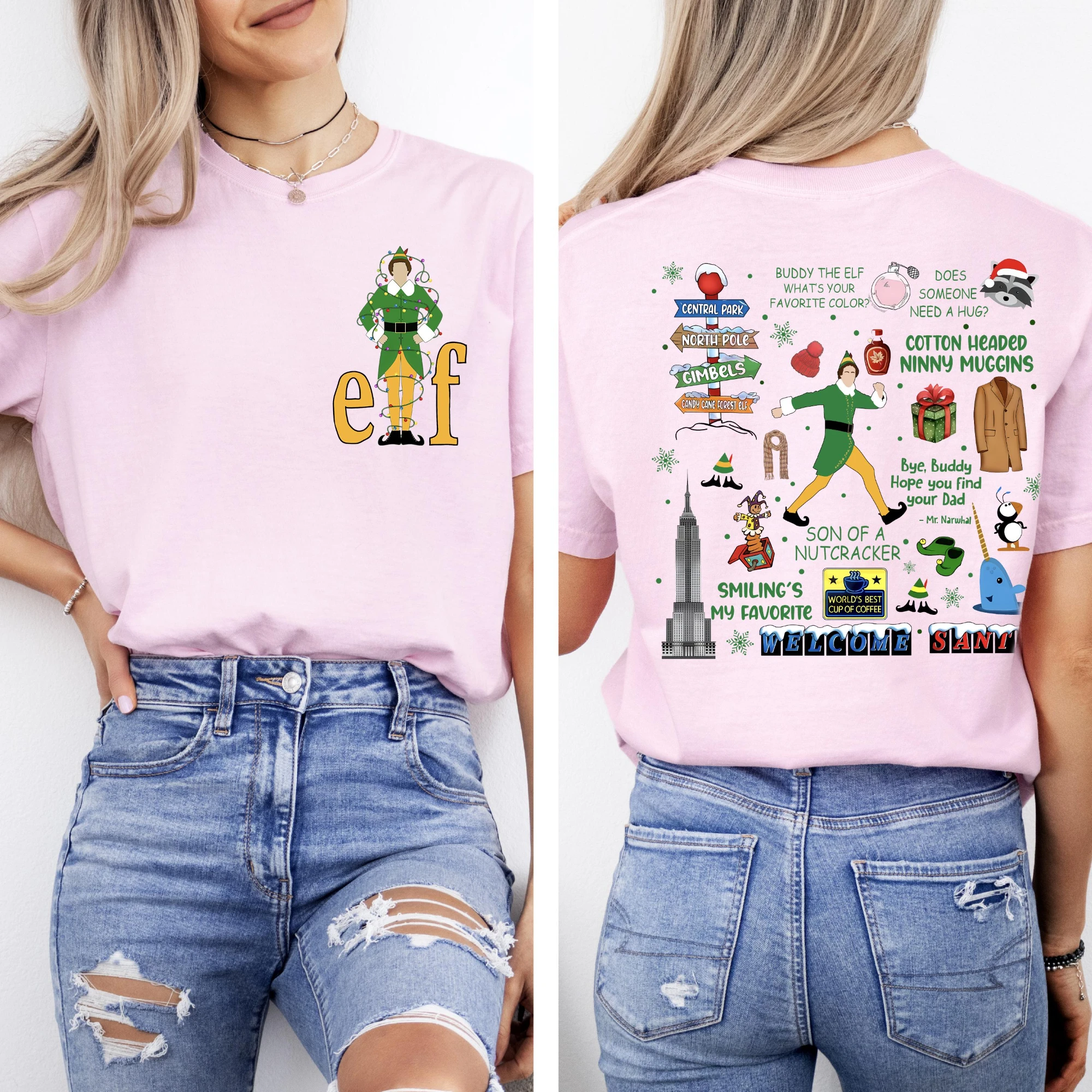 파트너 엘프 레트로 인용문 크리스마스 라이트 양면 티셔츠, 크리스마스 클래식 영화 셔츠, 디즈니 홀리데이 여행 티셔츠