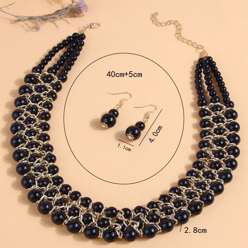 Jewelry Set Three Line Handmade Black Glasses Beads Necklace Earrings Set For Women Choker Necklaces Women Accessories