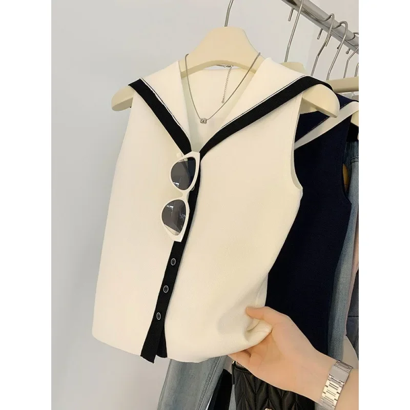 الكورية نمط كتلة اللون البحرية طوق أكمام محبوك سترة المرأة سليم صالح الصيف جديد الحلو والتوابل العصرية الأعلى #2