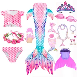 3-12 Years Girls Swimming Mermaid Tail Bikini Bathing Suit Flippers Head Garland Children Mermaid Beach Swimsuit Cosplay