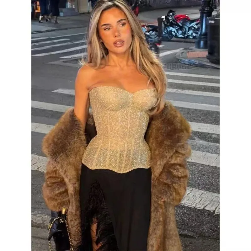 Women Sequin Fishbone Corset Tube Top Sleeveless Strapless Bustier Slim Fitted Party Club Camisole