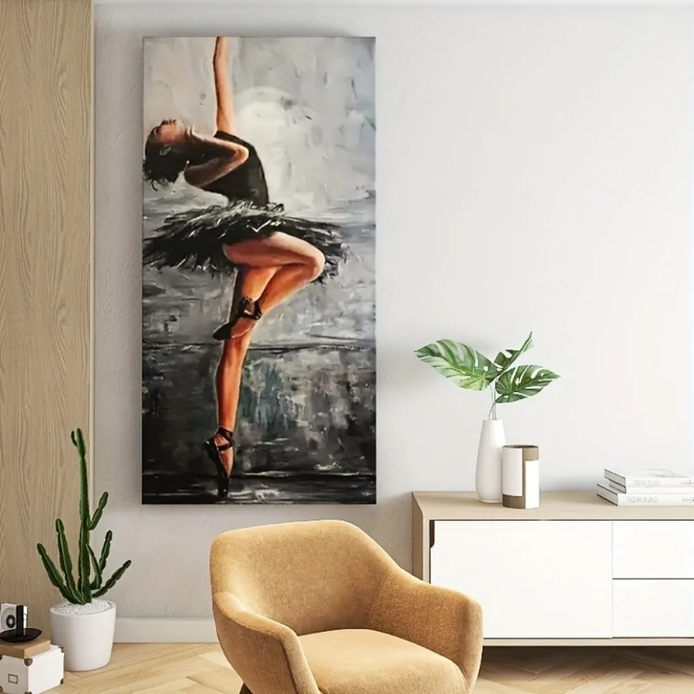 راقصة باليه أنيقة بإطار من الخشب الصلب مقاس 1.5 بوصة - لوحة رقص عصرية كبيرة، تصميم دوار باللونين الأبيض والأسود، ديكور داخلي