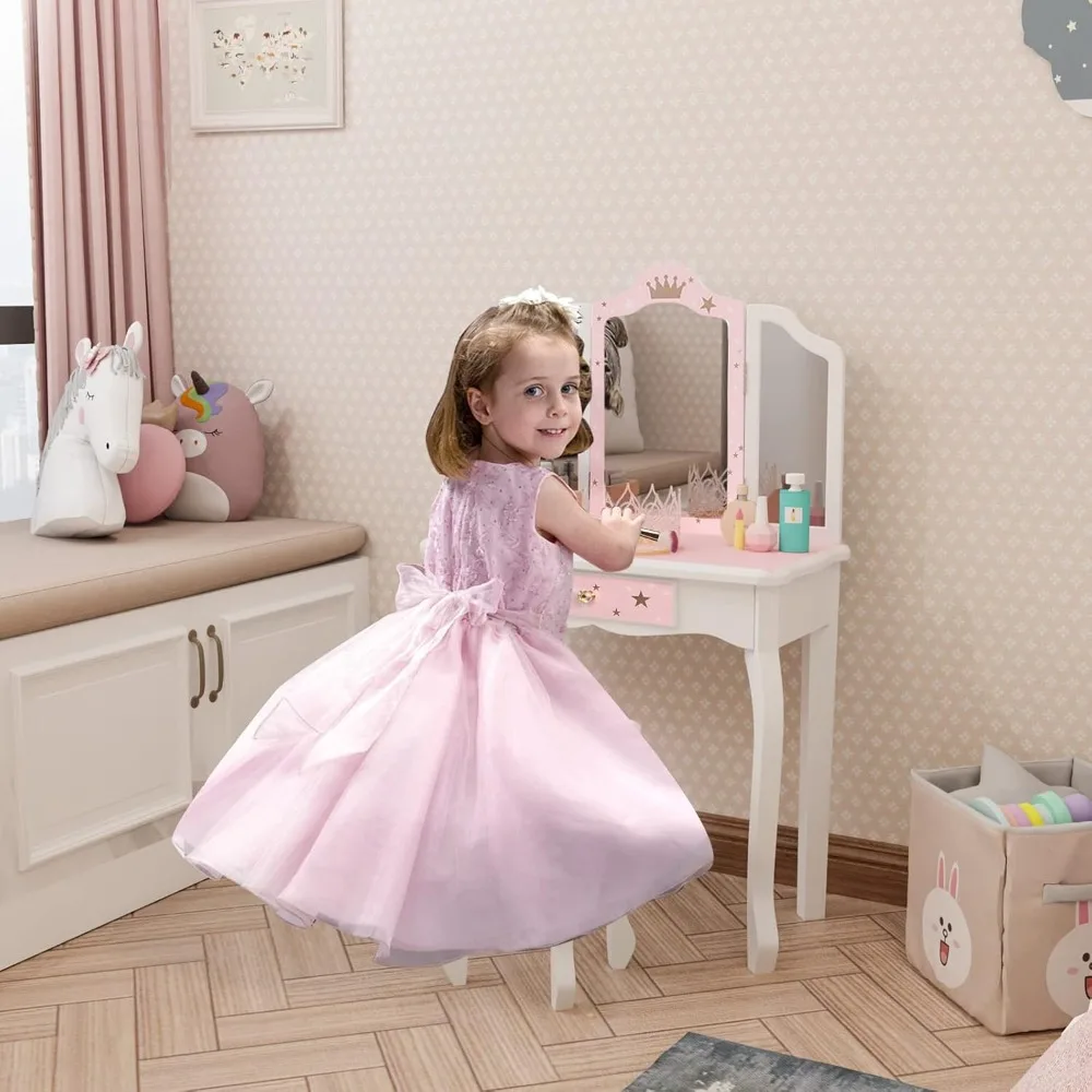 Kids Princess Vanity Table and Chair Set, Kids Vanity Set with Mirror, Makeup Dressing Table with Two 180° Folding Mirror