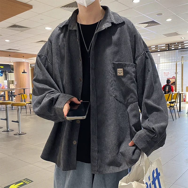 

Loose Corduroy Jacket Men's Spring Autumn Hong Kong Style Long Sleeve Shirt Outerwear Top Youth Fashion Pure Color Point Collar