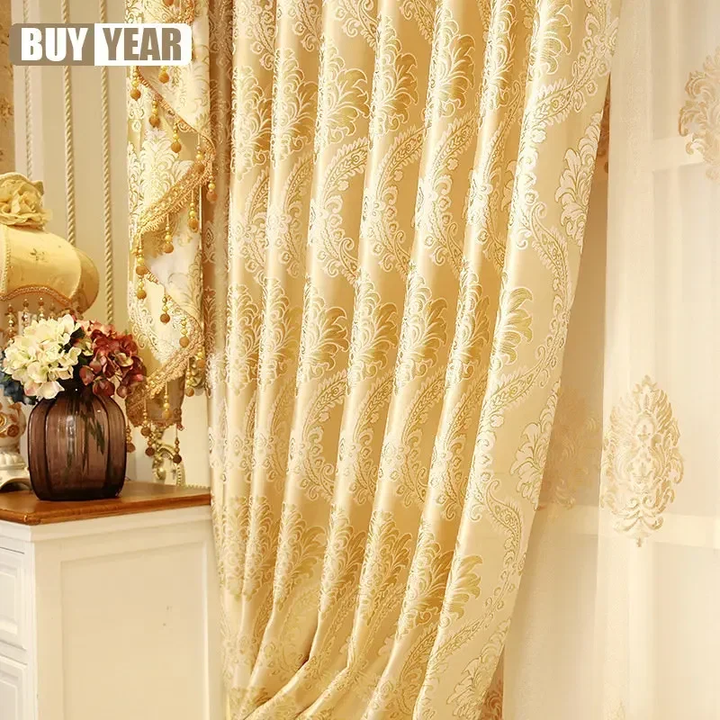 European Luxury Curtains for Living Room Bedroom Gold Jacquard Embroidered Curtain Tulle Windows Home Decor Blackout Custom Size