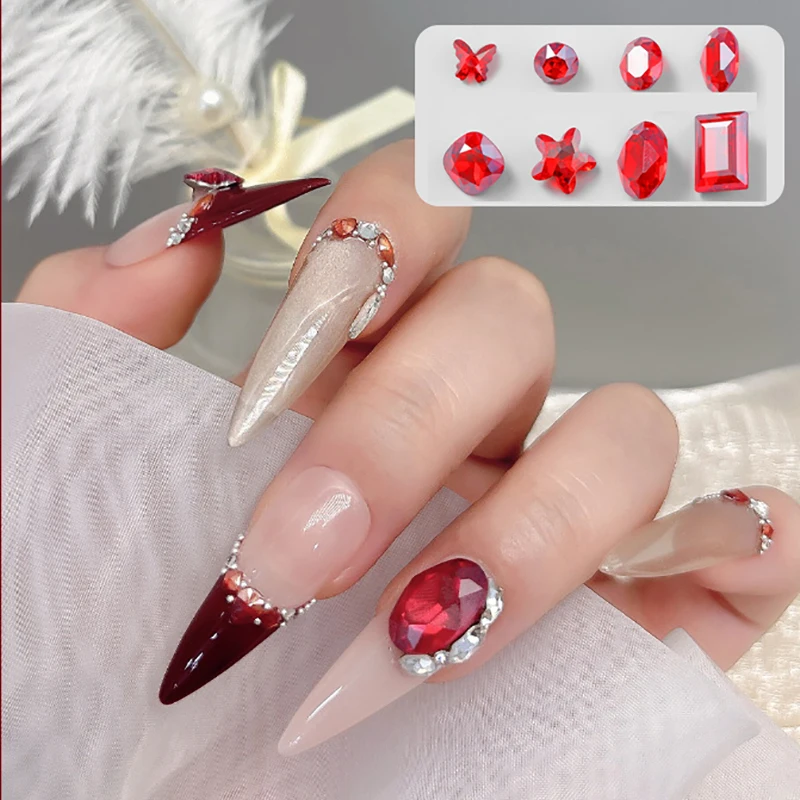 5PCS Sparkle Ice Translucent Big Red Sharp Diamonds Crook Butterfly Square Nail Art Rhinestones Decorations Manicure Ornaments