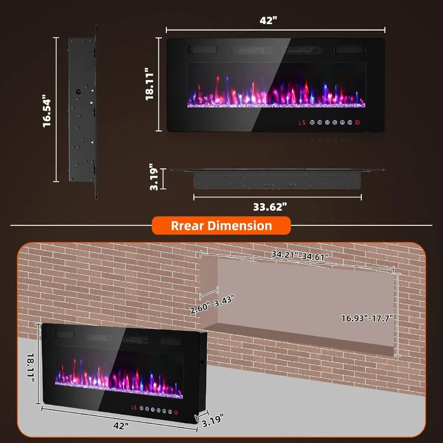 مدفأة كهربائية 42 بوصة لغرفة المعيشة مثبتة على الحائط أو تركيب قائم بذاته مع مؤقت تحكم عن بعد باهتة 12 فلام
