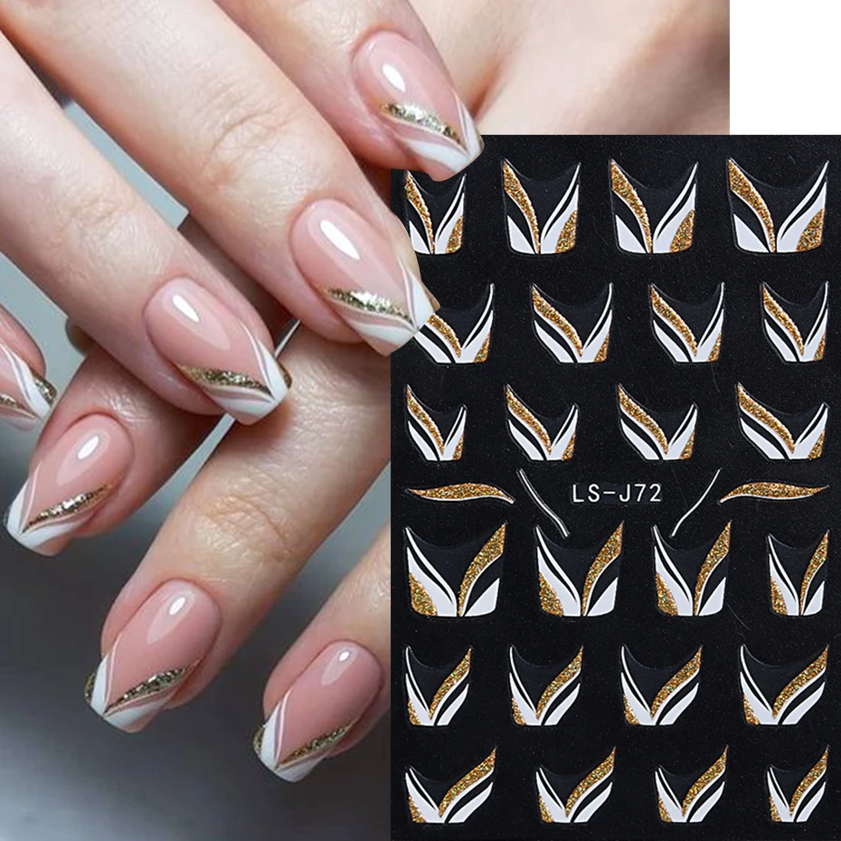 Shiny Glitter French Lines Nails Stickers Waves Curve Ribbon White Gold Stripes Manicure Decals Nails Charming Decoration LS-J72