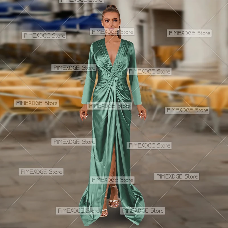 V-neck Long Sleeve Floor-Length Dresses for Party Vacation Ball Cocktail Party Formal Evening Gowns