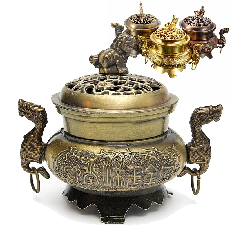 1pc Incense Burner Double Dragon Style Hollow Cap Alloy Censer Cone Holder Decor Fragrance Incensory Metal Craft Home Decoration