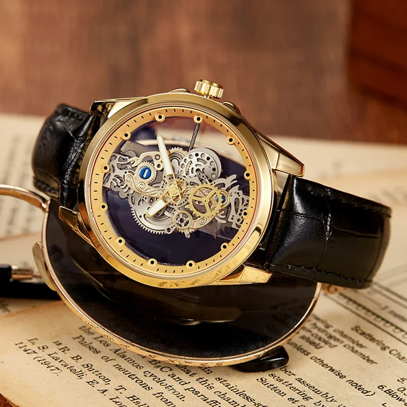 Skeleton Hollow Men Watches Luxury Steampunk Gold Clock New Quartz Watch Stainless Steel Male Transparent Man Relogio Masculino