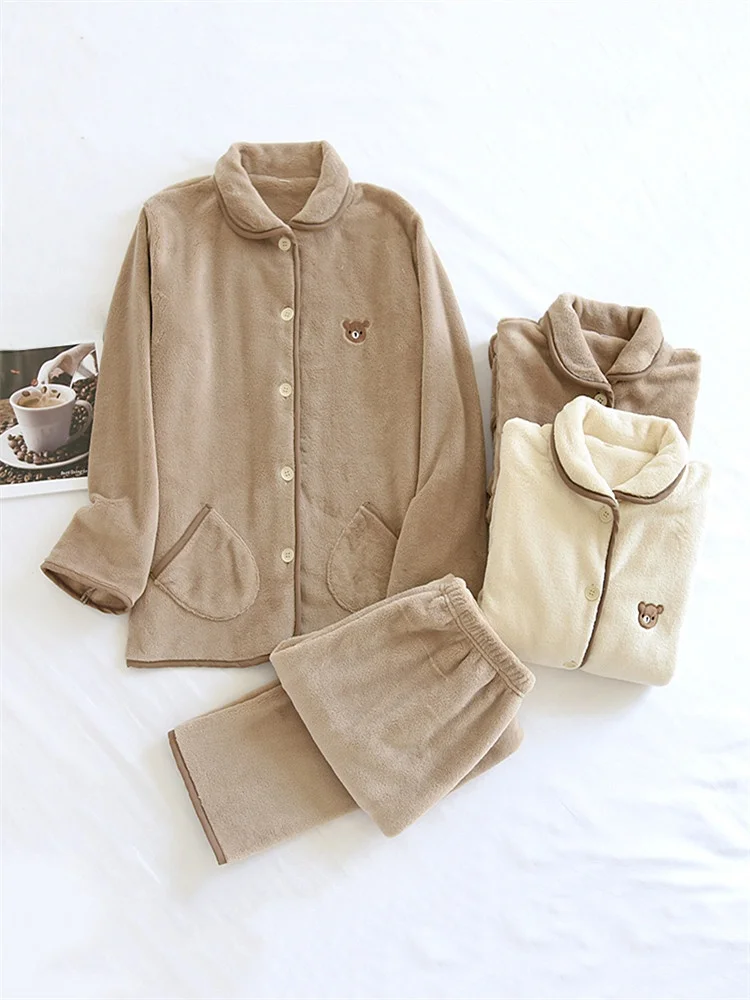 

Couple's Coral Fce Pajamas Long Sve Thiened Home Clothes Set Pure Color Warm Flannel Autumn Winter Home Leisure Suit