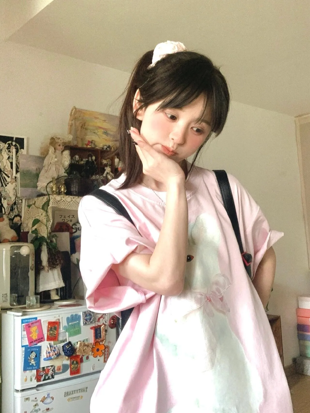 Sweet Cute Large White Rabbit Print Short Sleeve T-Shirt Loose Versatile Light Pink Casual Top for Young Women Summer Wear