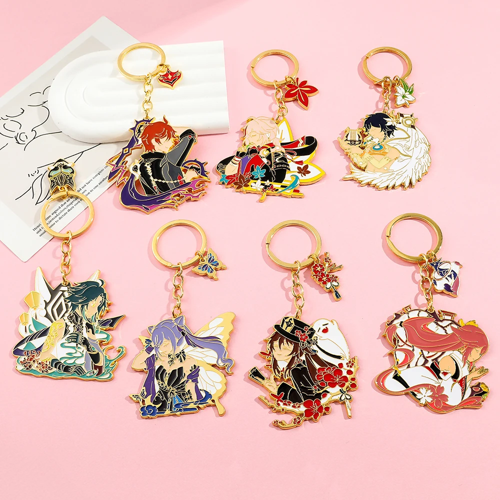 Anime Game Genshin Impact Figure Keychain Hu Tao Tartaglia Enamel Pendant Keyrings for Backpack Car Key Accessories