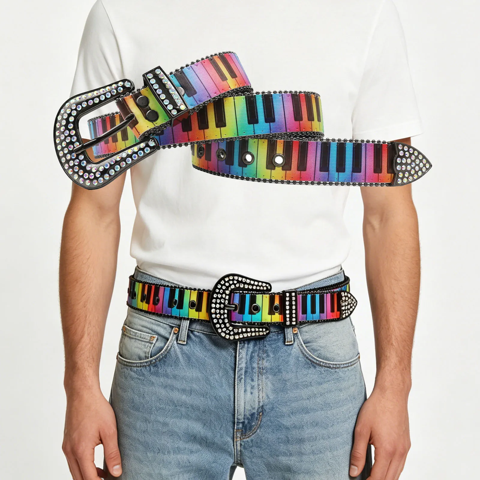 

Unisex Music Note Piano Print Rhinestone Western Belt, Shiny Crystal Cowboy Buckle PU Leather Belt for Hip Hop Concert Outfit