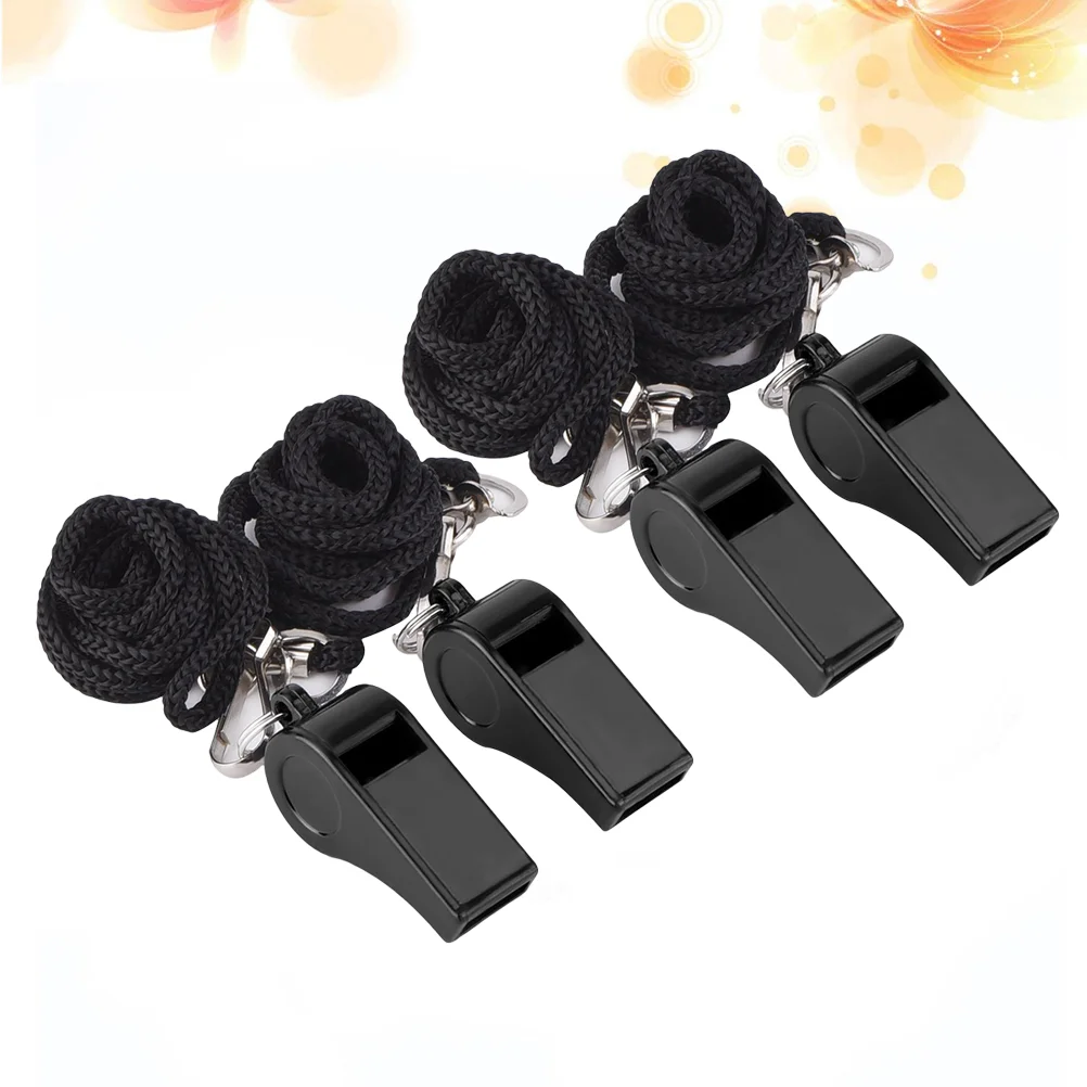 4 Pcs Portable Whistles Emergency Survival Whistles First Aid Whistles with Lanyard for Football Officials Referee (Black)