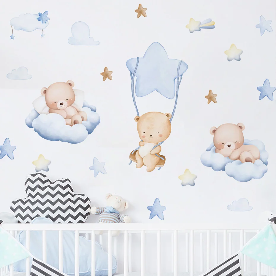 Blue Watercolour Bears Clouds Stars Wall Stickers for Baby Nursery Room Decals Baby Girls Bears Cartoon Animals Kids Stickers