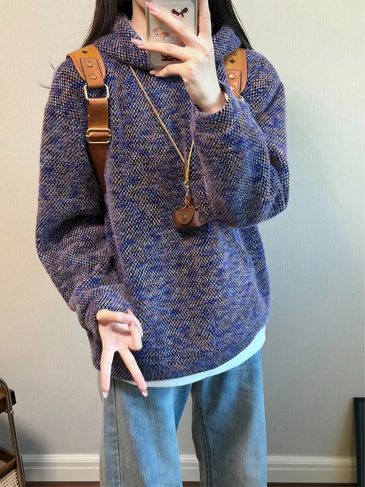 

Narcissus Purple Fluffy Knitted Hoodie Men's Loose Casual Outerwear Winter Commute Sle Breathable Thiened Long Sve Swe...