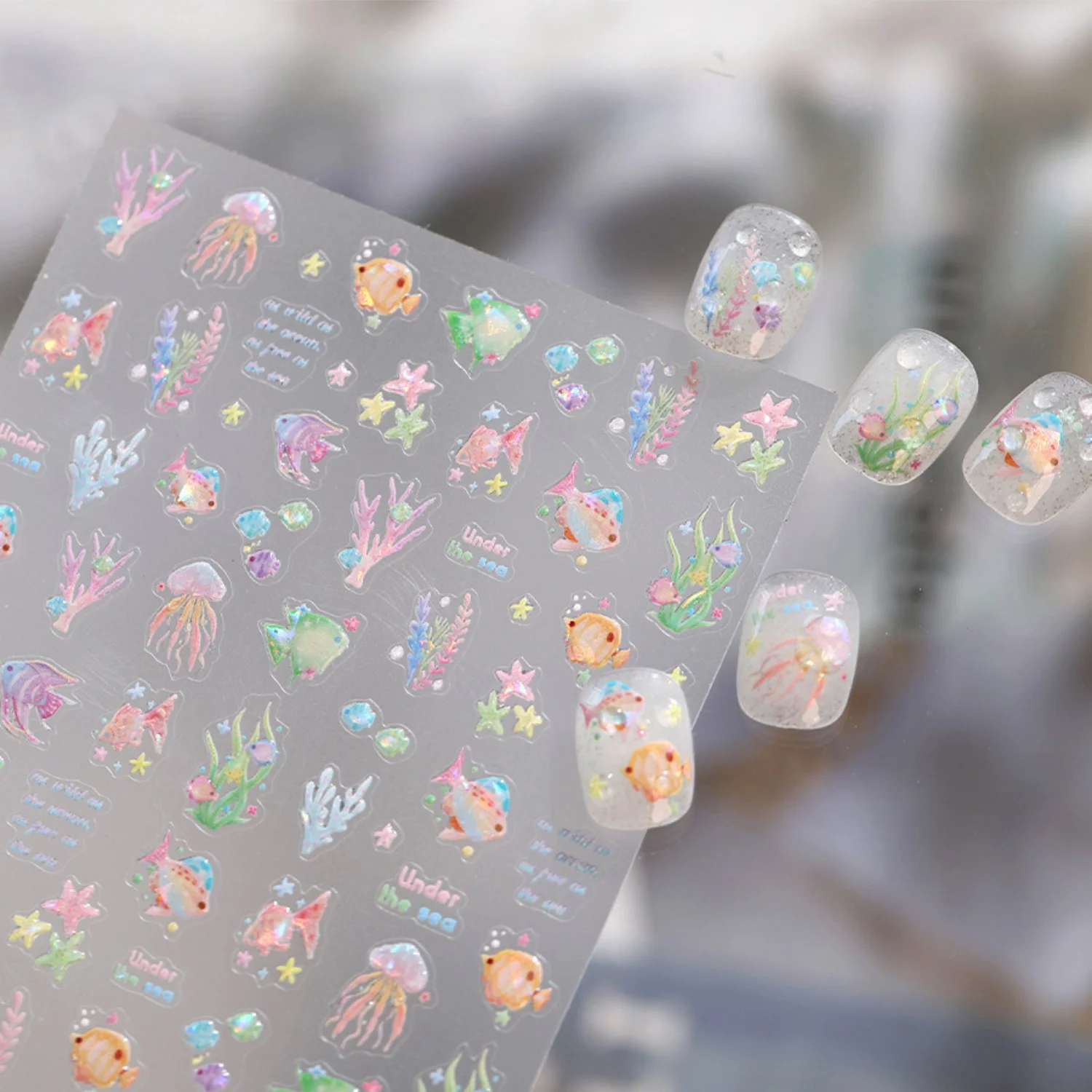Frische Aquatische 5D Nagelkunst-Aufkleber Ozean Quallen Fische Korallen Seesterne Seegras Selbstklebende Nagelsticker Strandurlaub DIY