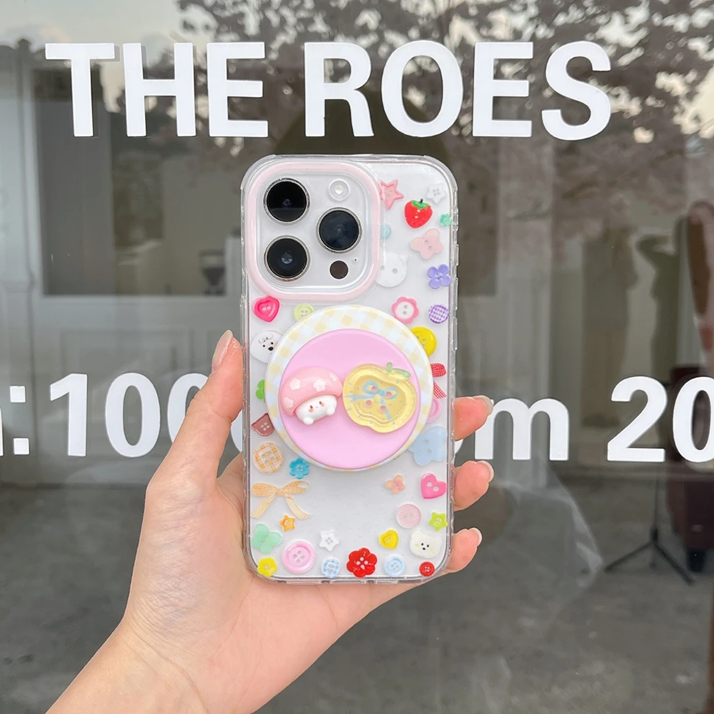

Cute Colorful Animal Buttons Graffiti With Holder Magnetic Wireless Charging Phone Cover Case for iPhone 16 15 14 13 Pro Max