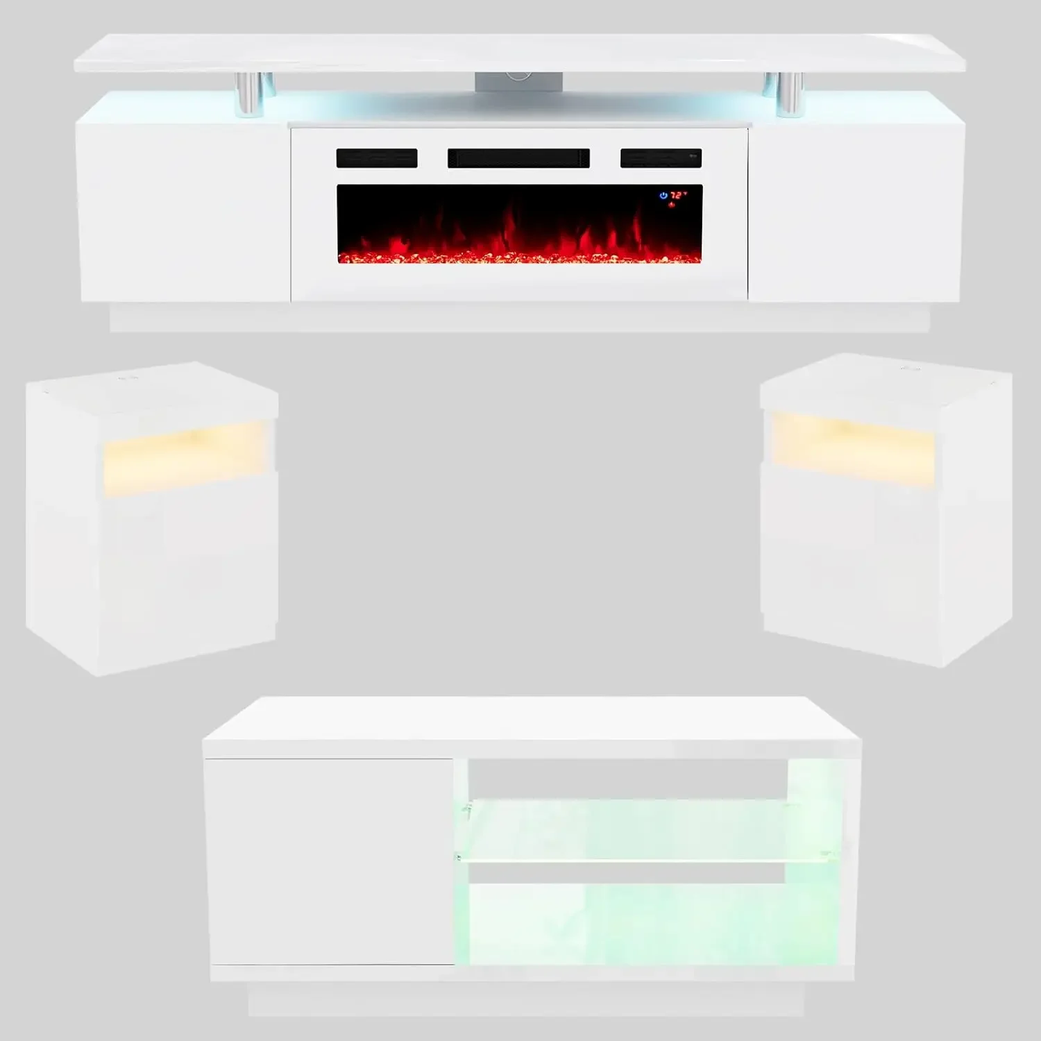 

Наборы столов для гостиной из 5 штук: включает в себя 2-уровневую подставку для камина, журнальный столик, 2 приставных столика с зарядной станцией, светодиодной подсветкой.