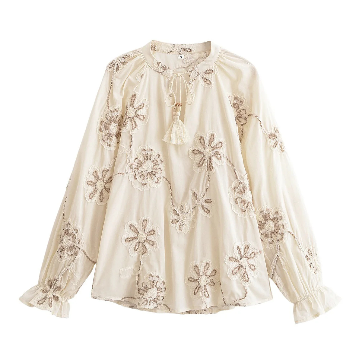 

Withered 2026 Summer New European And American Style Embroidery Scissors Rope Embroidery Strap Loose Shirt Long Sleeve Top