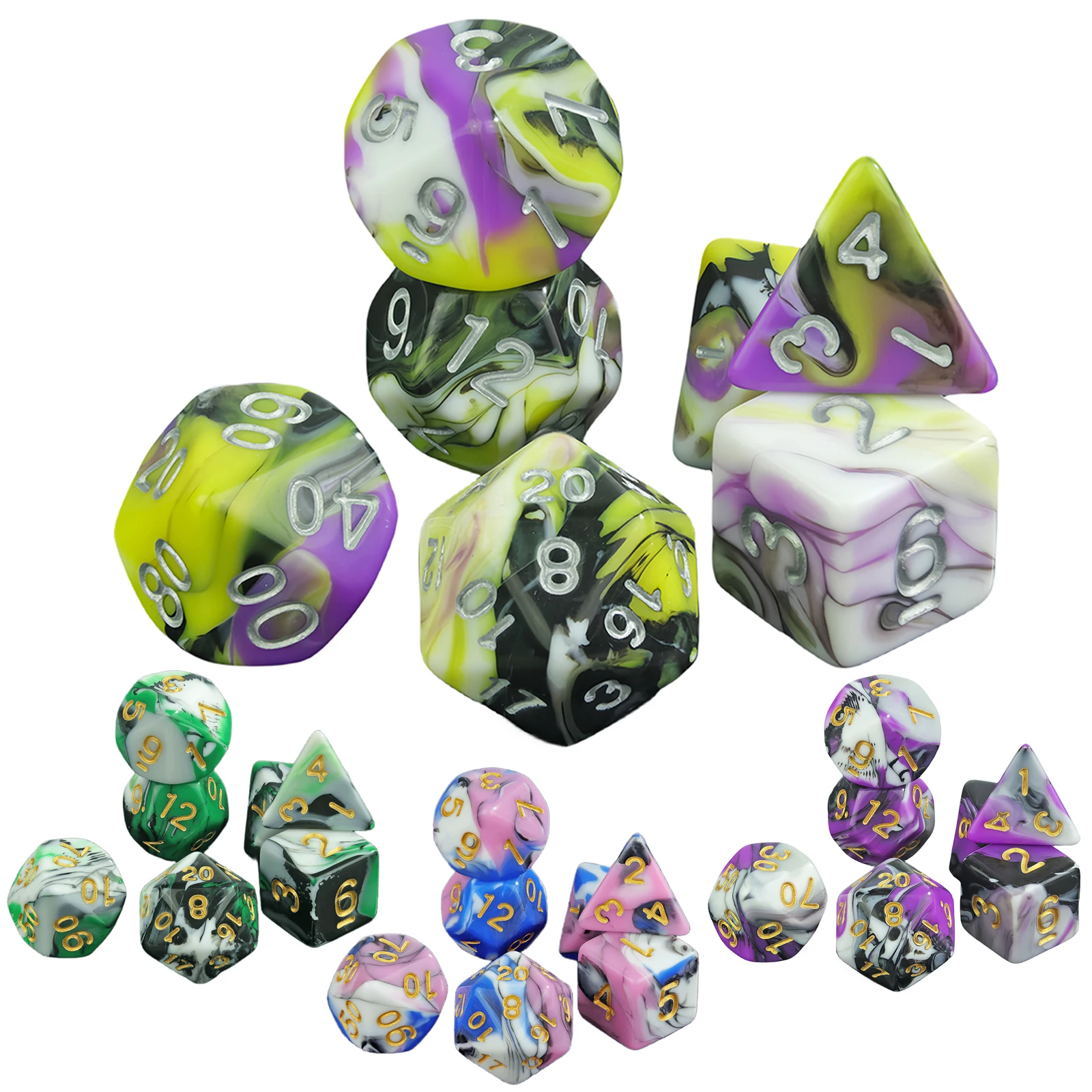 

Набор 4-цветных кубиков, смешанные цвета, 7 шт., многогранные игральные кости, ролевая игра, коллекция кубиков для ролевых игр