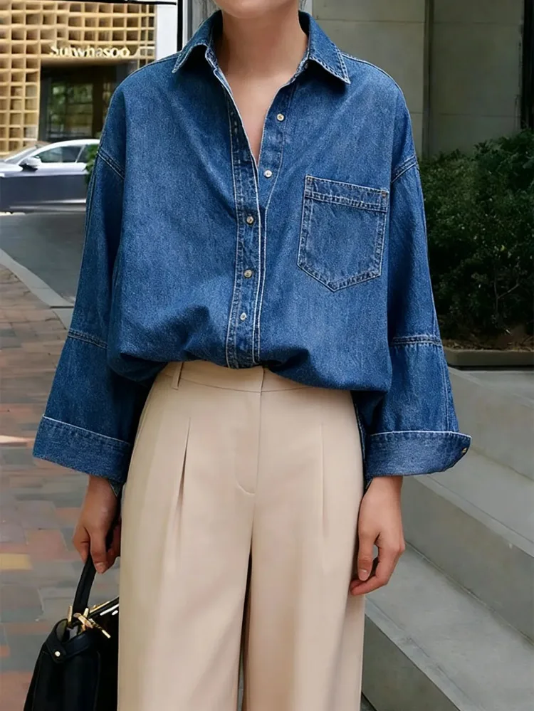 Women's Trendy Blue Denim Shirts 2026 New Spring Long Sleeves Oversized Buttoned Urban Casual Office Lapel Blouses Tops