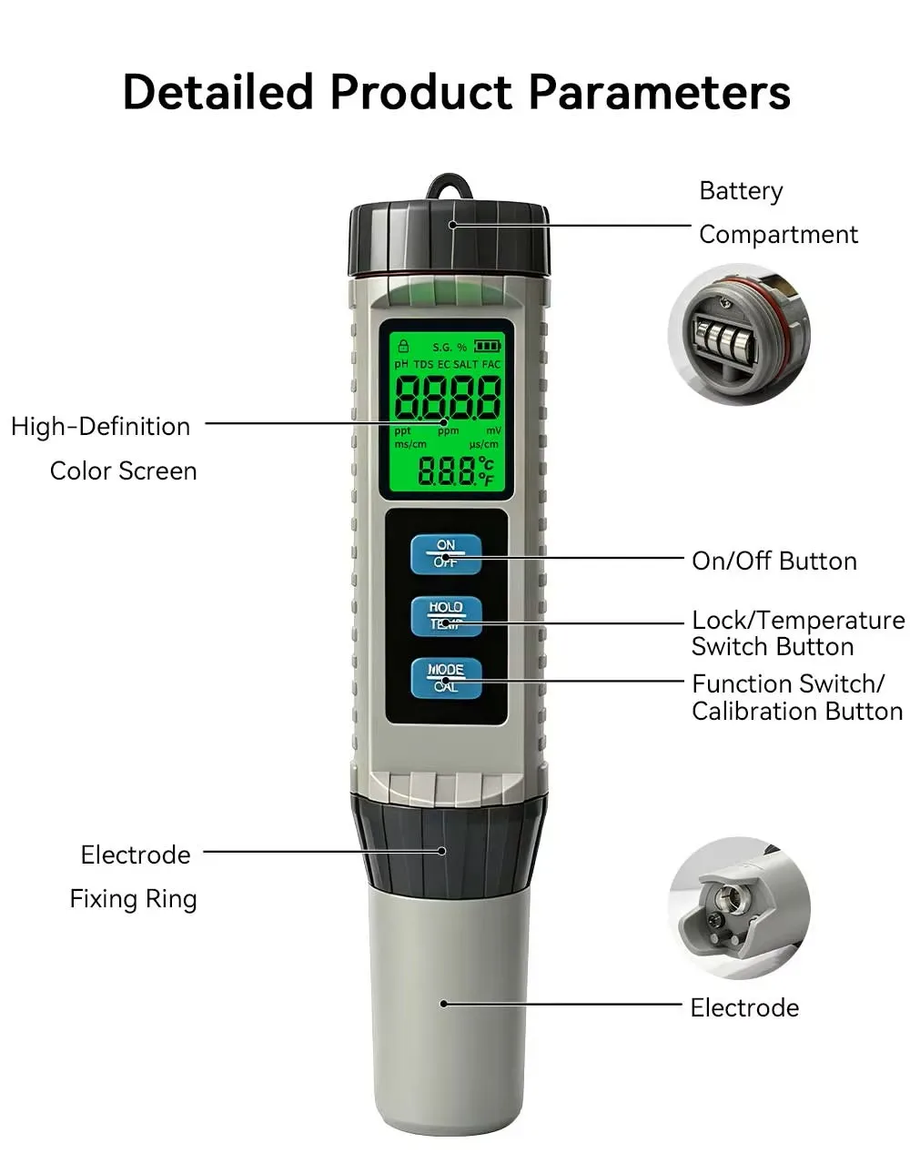 YAGO 8-in-1 Wasserqualitätstester pH TDS EC Salzgehalt ORP SG CL Temp Meter Digitaler Hintergrundbeleuchteter Pool Aquarium Wasseranalysator Detektor – Detail 8