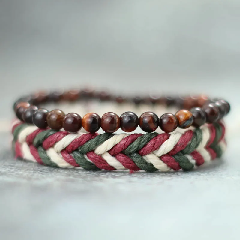 2Pcs Men Bracelet Set Natural Coconut Beads Braclet Homme Handmade Weaven Macrame Braslet Tiger Eyes Stone Brazalete Pulseria image 5