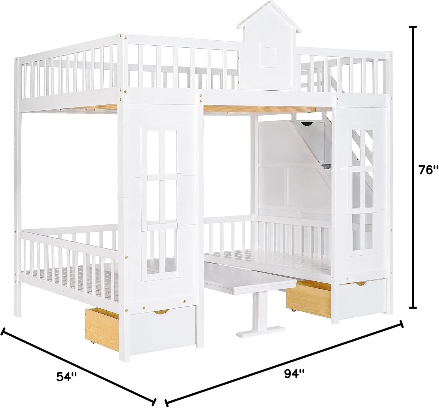 Full Over Full Bunk Bed with Storage Staircase, Solid Wood Frame, Convertible Down Bed to Seats/Table (White-F)